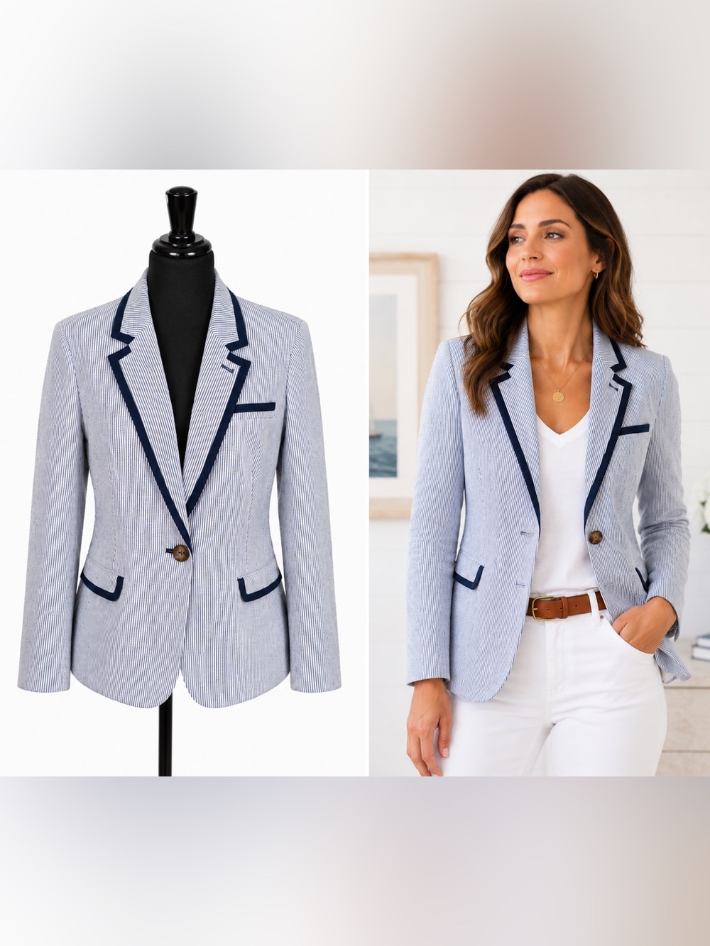 I’d use:

Boden Blue White Seersucker Blazer Jacket US 16R UK 20 Like New Preppy